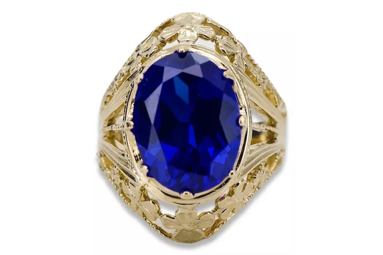 Sapphire 8 كارت من الذهب الأصفر خاتم حرف يدوية فينتاج vrc031x-sp Art Deco أسلوب مجوهرات فينتاج روسي سوفيتي من اتحاد الجمهوريات ا